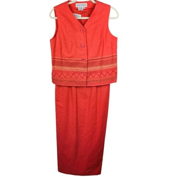 Maggy London Orange Embroidered Linen/Cotton Sleeveless Maxi Dress Vest Size 10 - Picture 2 of 15